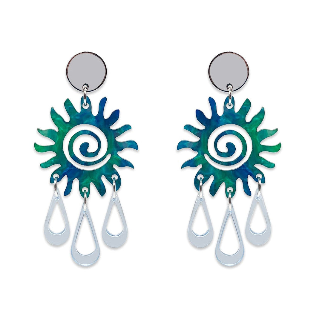 Sun Chandelier Earrings - Blue & Green Lava with Translucent Blue