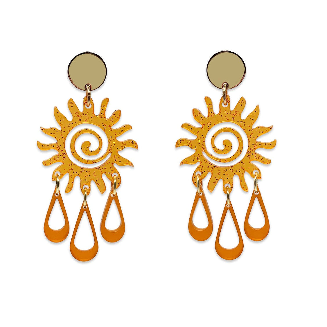 Sun Chandelier Earrings - Orange Glitter with Burnt Orange