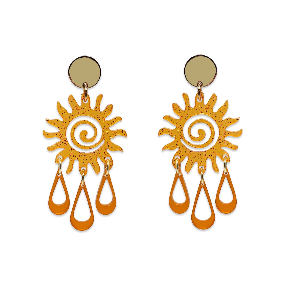 Sun Chandelier Earrings - Orange Glitter with Burnt Orange