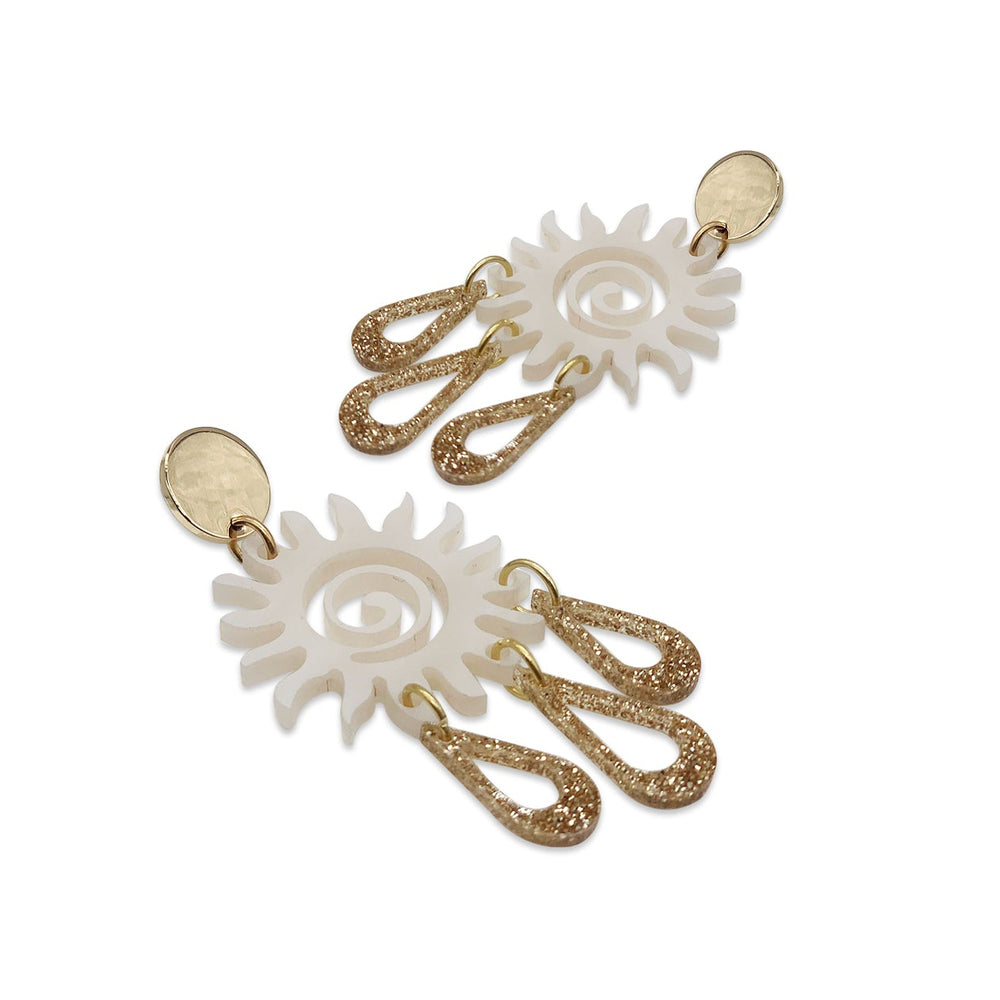 Sun Chandelier Earrings - Alabaster with Gold Glitter