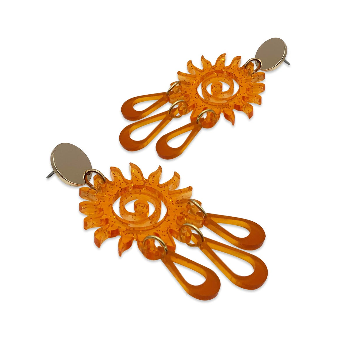 Sun Chandelier Earrings - Orange Glitter with Burnt Orange