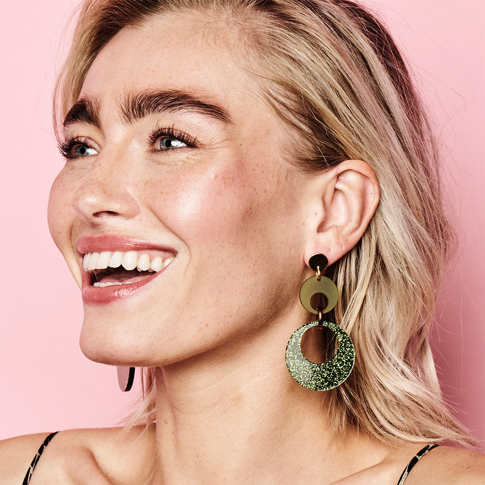 Swinging Circle Drop Earrings - Forest Green Glitter & Lime Zest