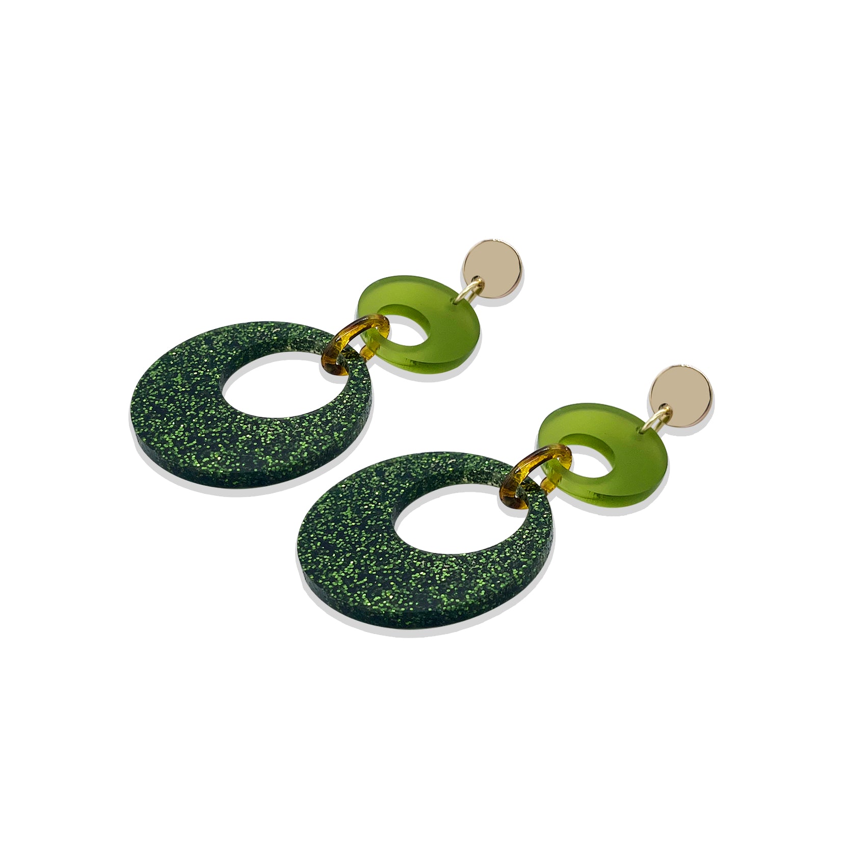 Swinging Circle Drop Earrings - Forest Green Glitter & Lime Zest