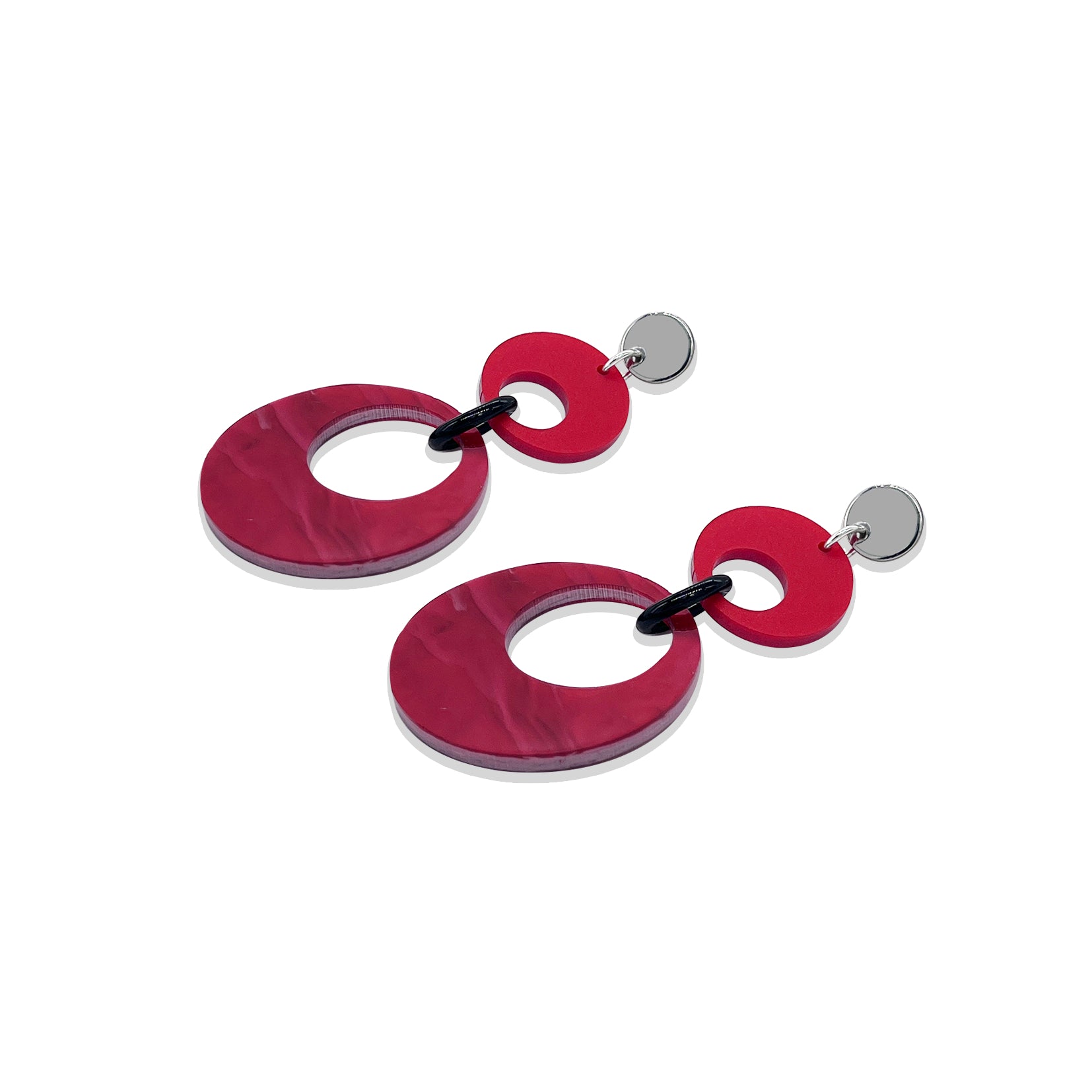 Swinging Circle Drop Earrings - Pink Swirl & Royal Red