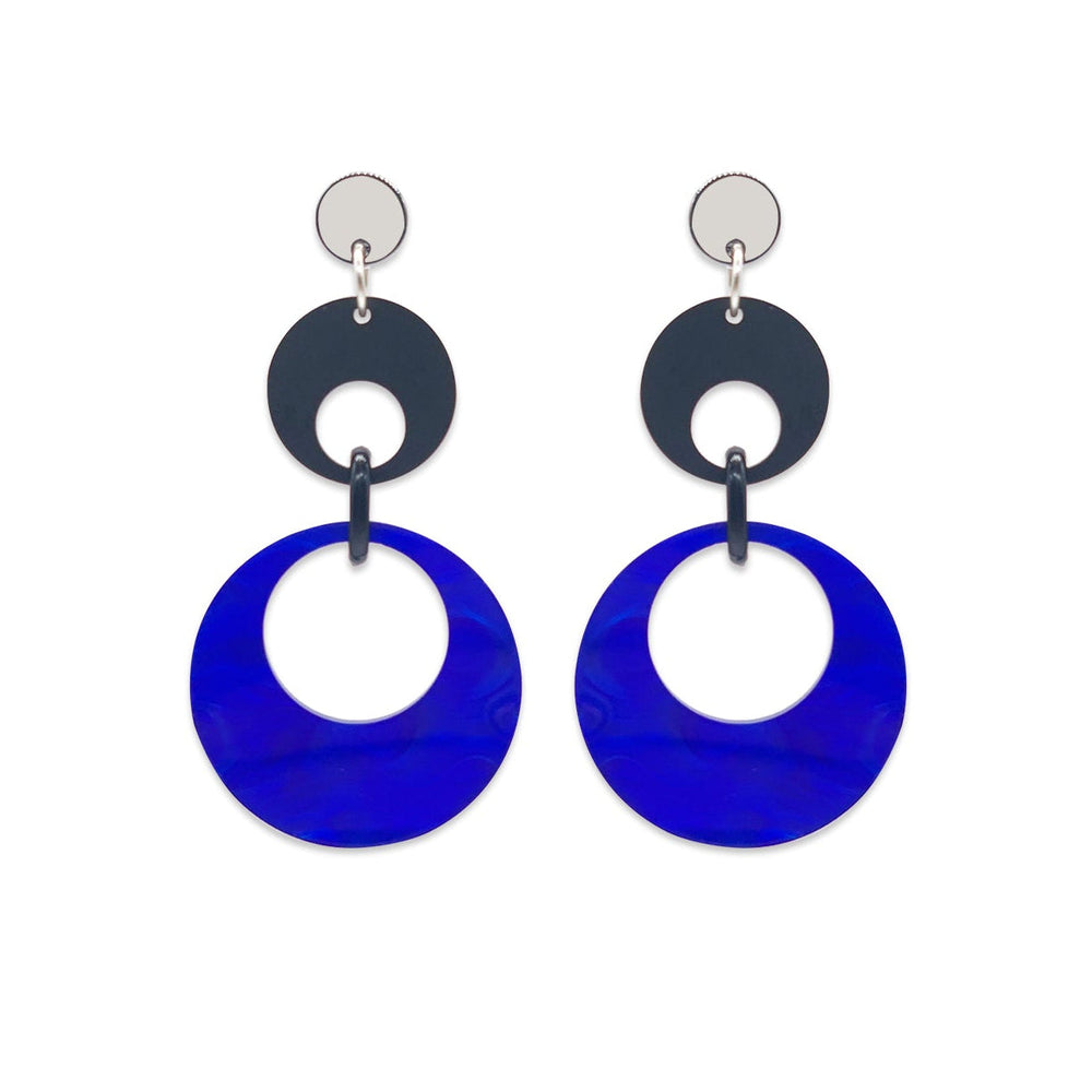 Swinging Circle Drop Earrings - Royal Blue Swirl & Black