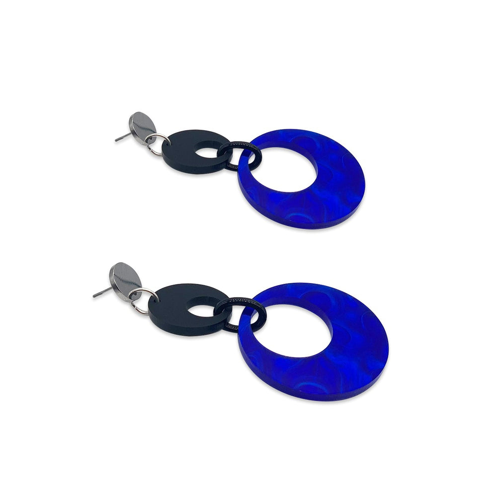 Swinging Circle Drop Earrings - Royal Blue Swirl & Black