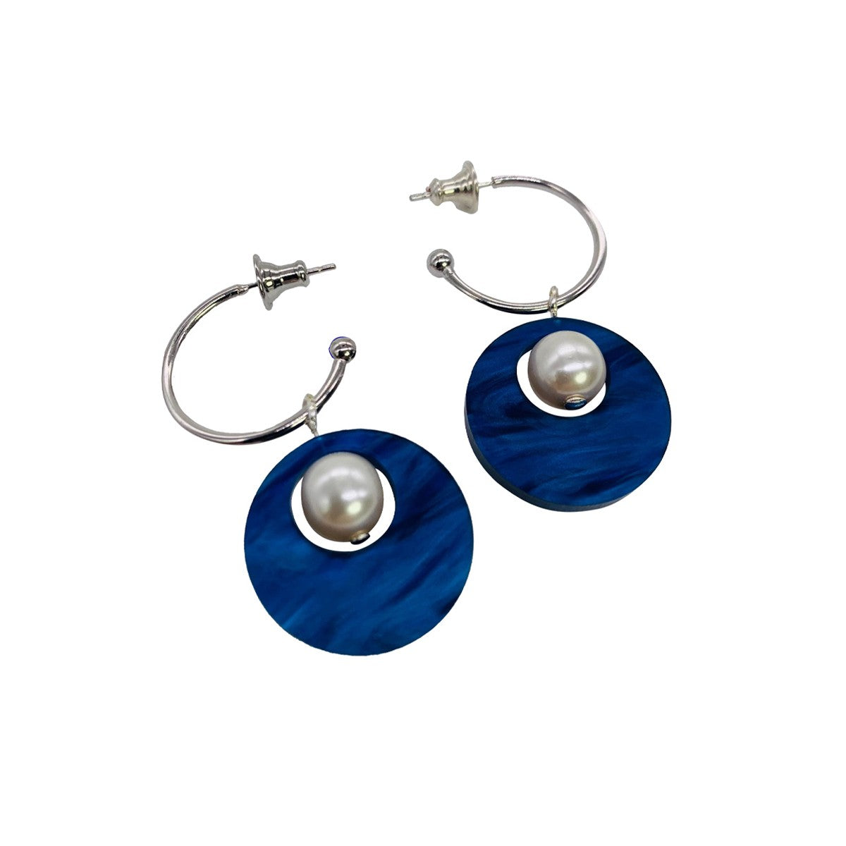 Charming Pearl Circle Earrings - Dark Blue Swirl