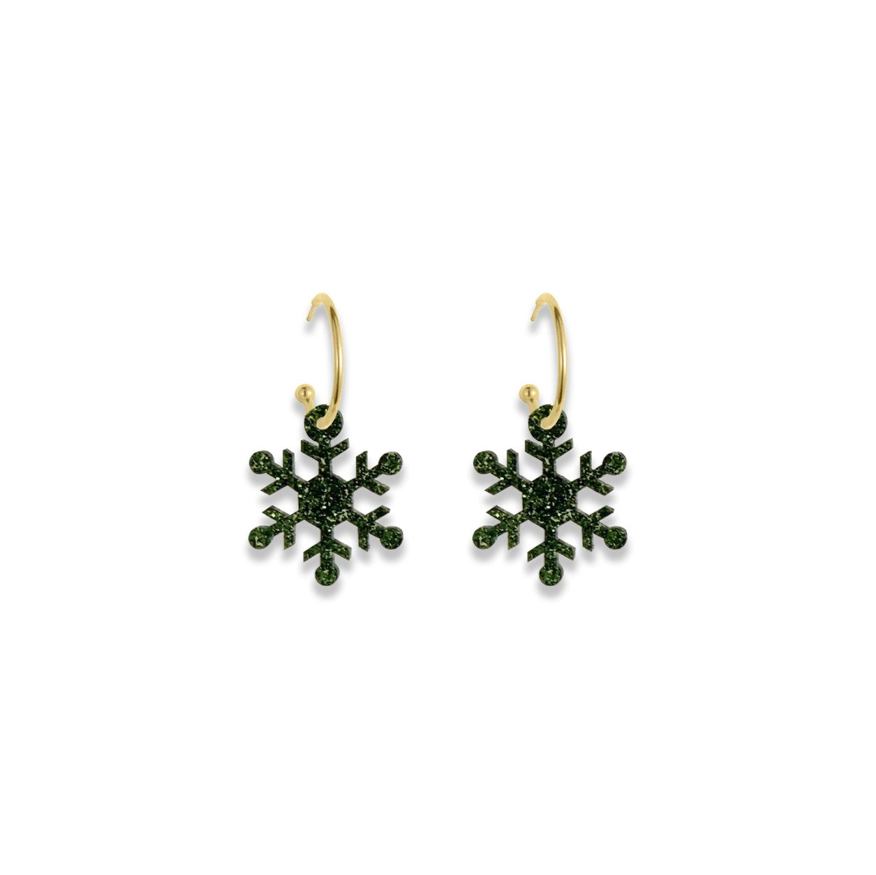 Rounded Snowflake Hoop Earrings - Forest Green Glitter