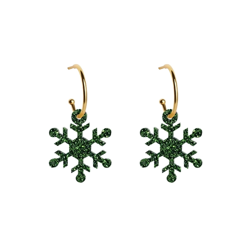Rounded Snowflake Hoop Earrings - Forest Green Glitter
