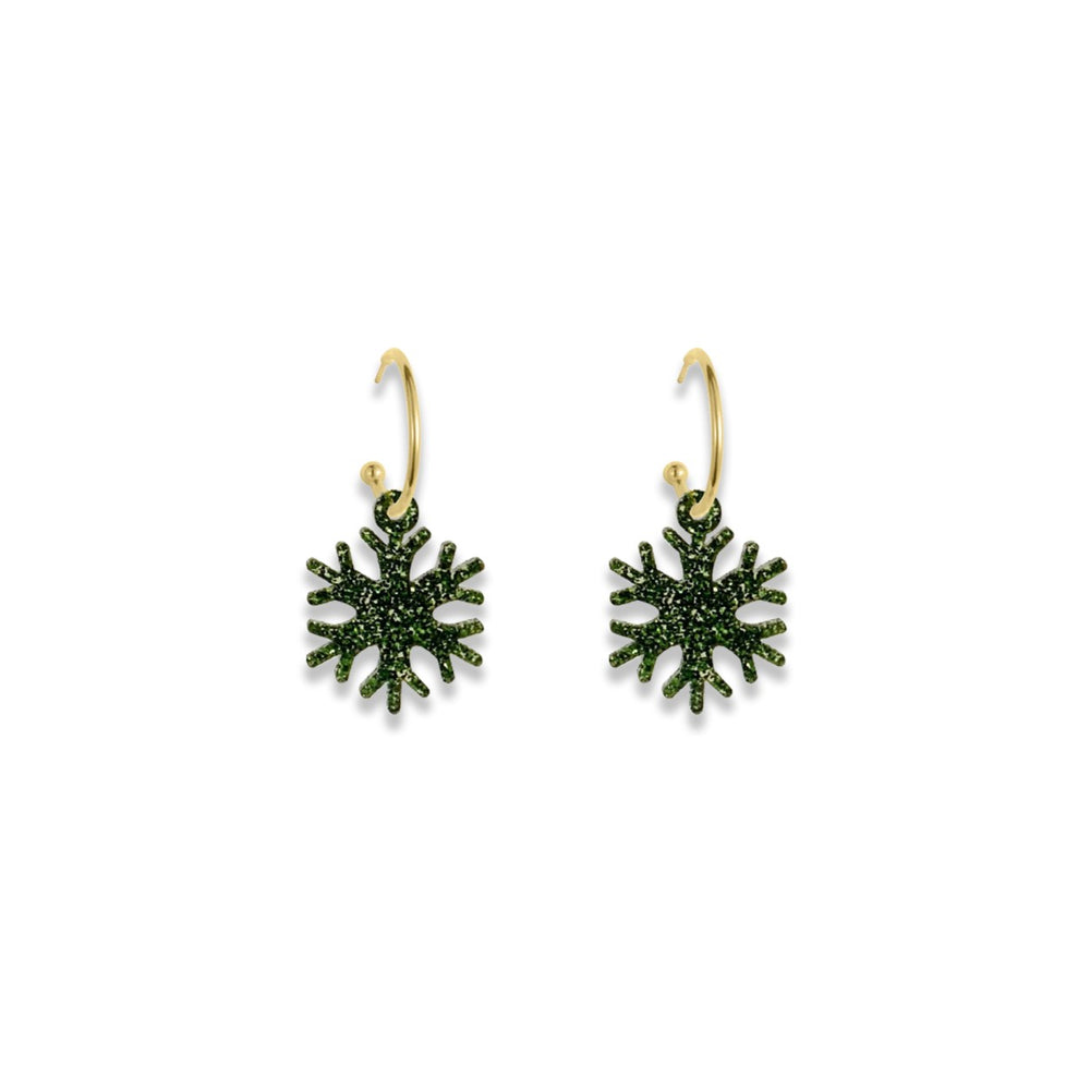 Snowflake Hoop Earrings - Forest Green Glitter