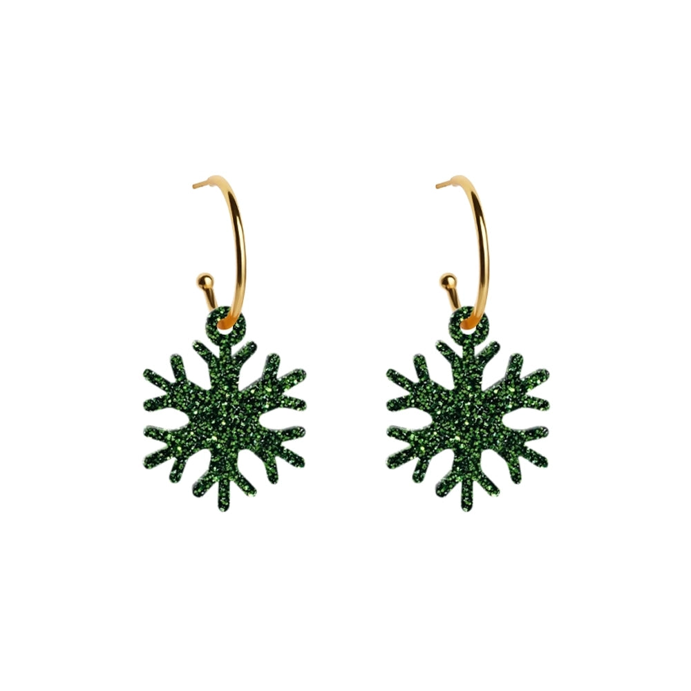 Snowflake Hoop Earrings - Forest Green Glitter