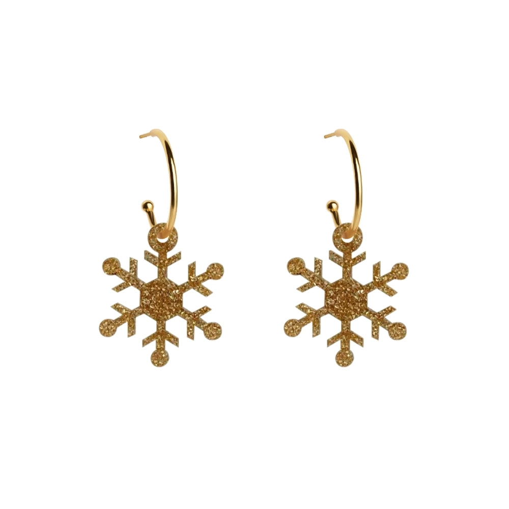 Rounded Snowflake Hoop Earrings - Gold Glitter