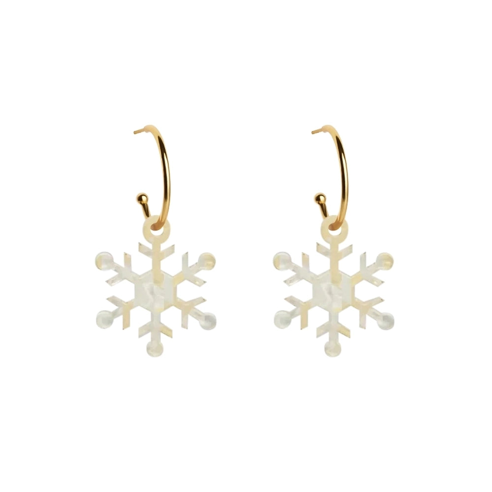 Rounded Snowflake Hoop Earrings - Gold and White