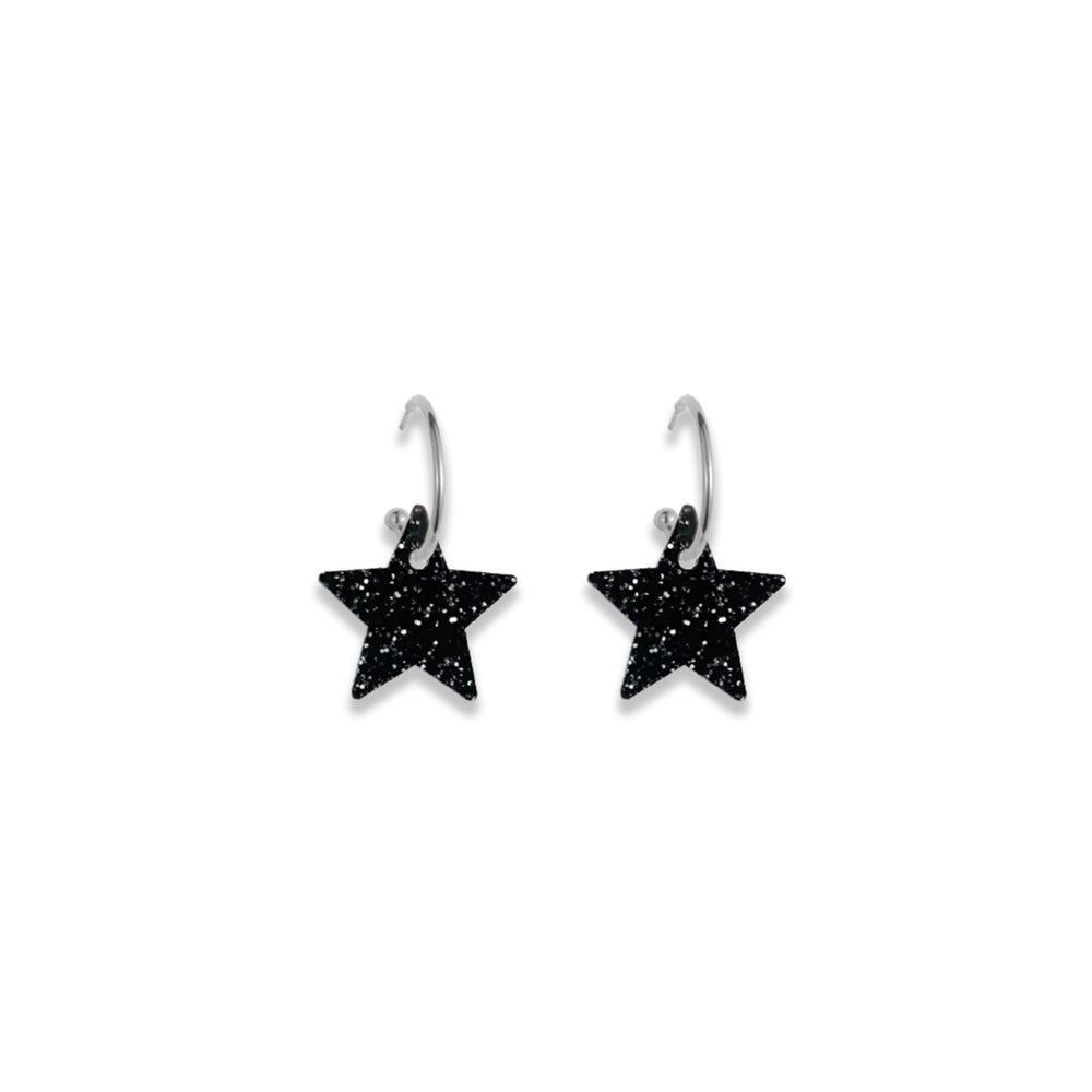 Star Hoop Earrings - Black Glitter