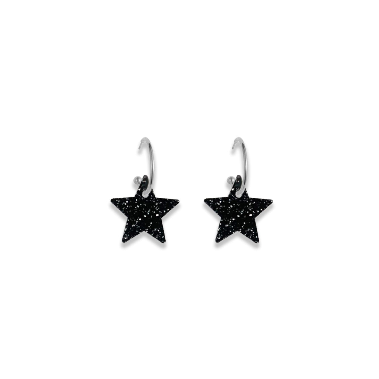 Star Hoop Earrings - Black Glitter
