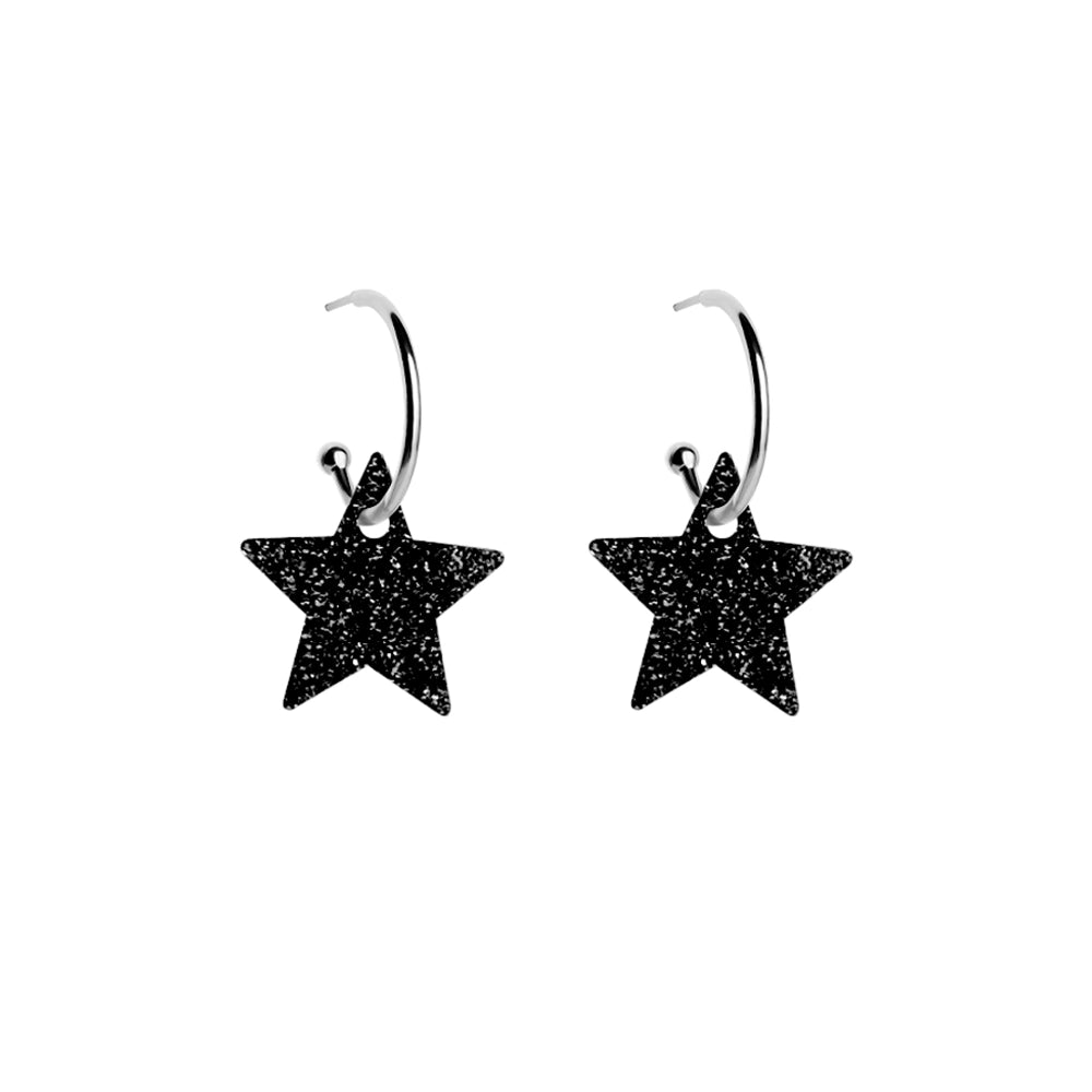 Star Hoop Earrings - Black Glitter