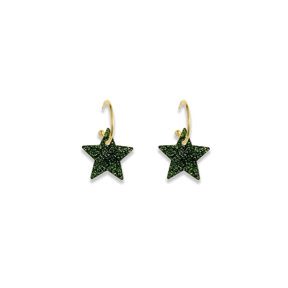 Star Hoop Earrings - Forest Green Glitter