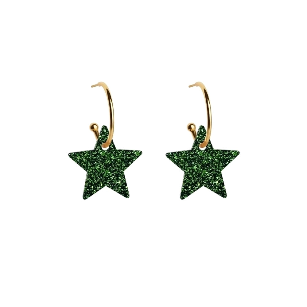 Star Hoop Earrings - Forest Green Glitter