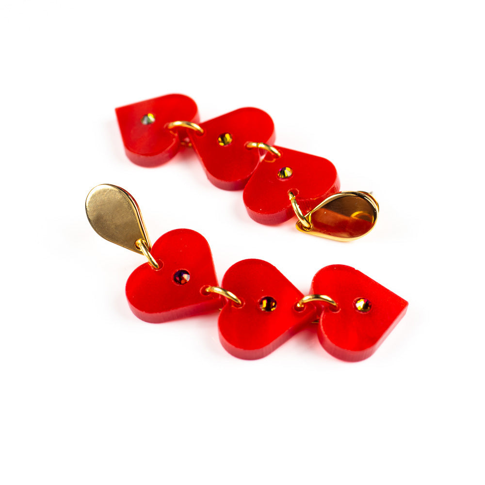 Toolally Earrings Crystal Heart Drops Red