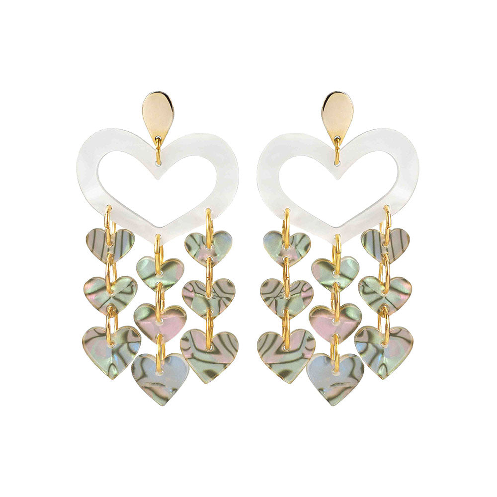 Toolally Heart Chandeliers White Pearl and Shell Earrings