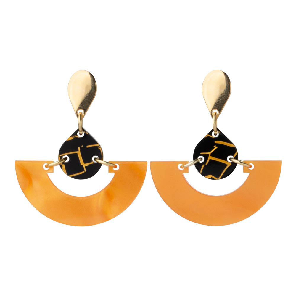 Toolally Earrings - Mini Fans - Orange Pearl and Black Crackle