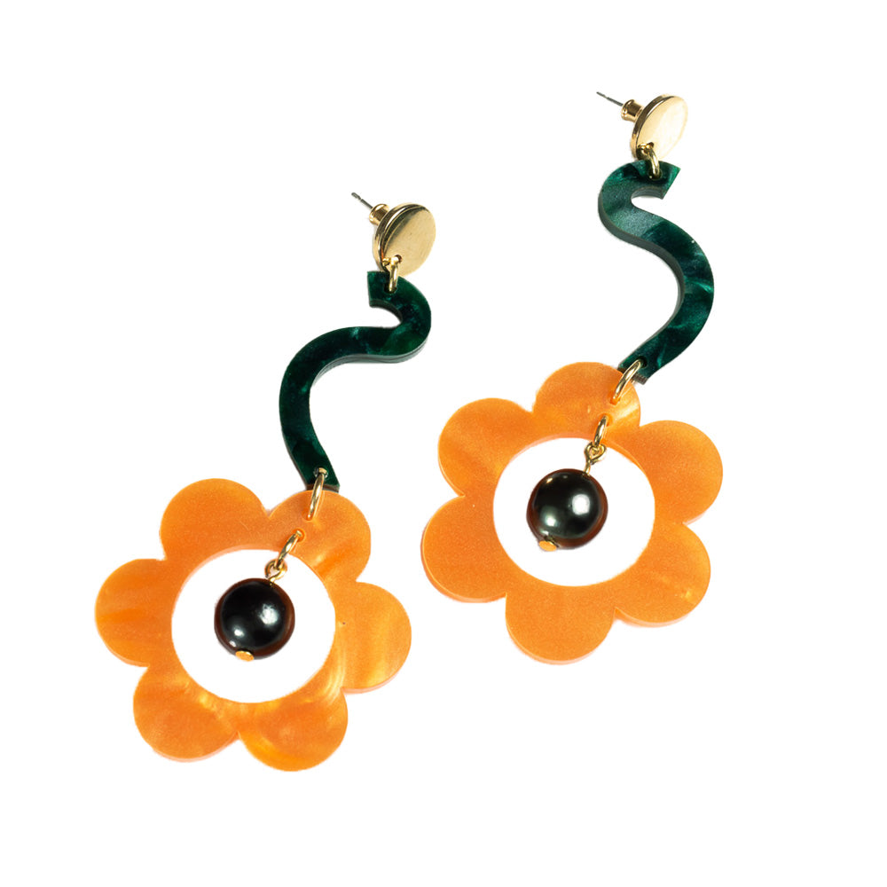 Toolally Earrings Pearl Daisy Drops Orange Pearl