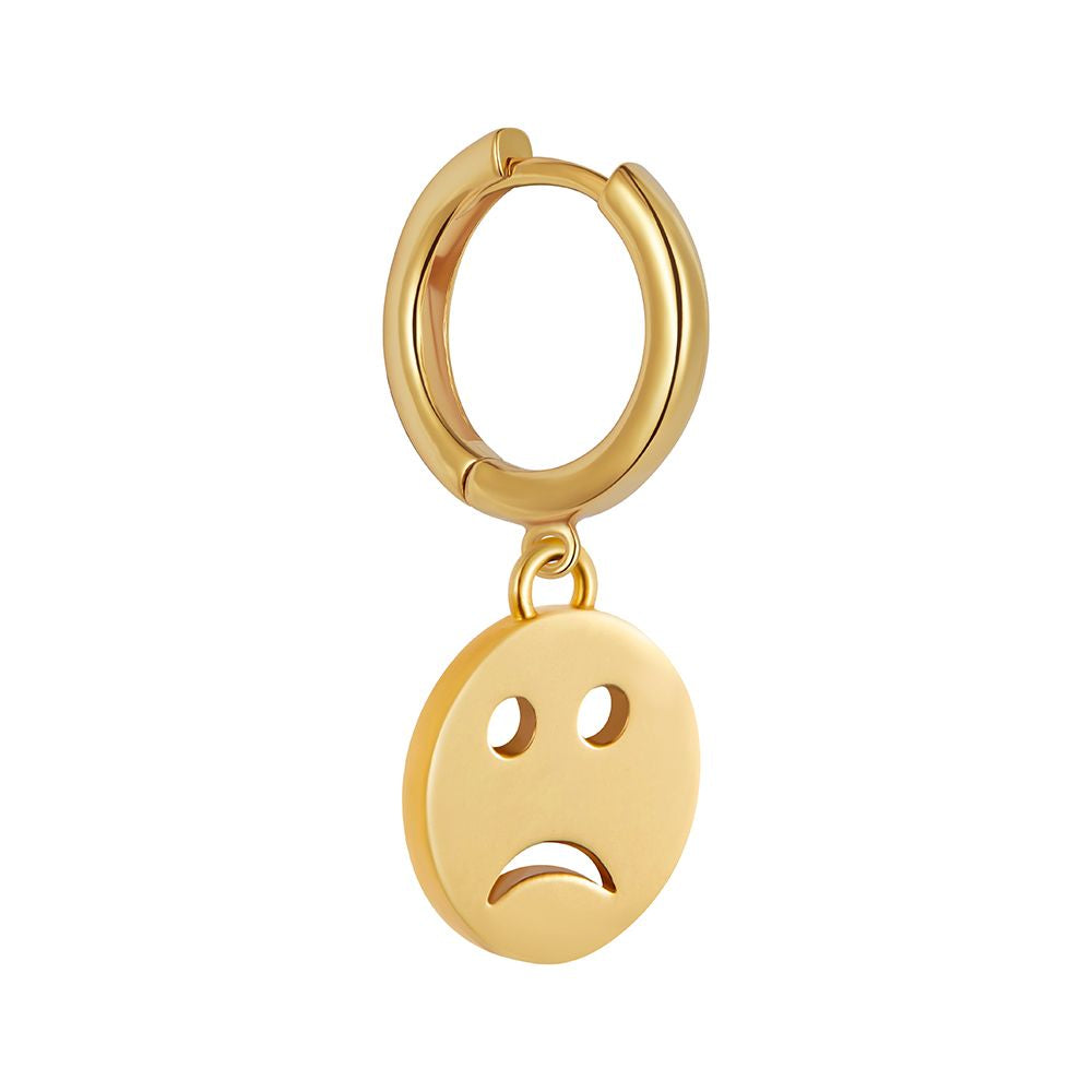 Gold vermeil Toolally huggie earring with a sad face emoji design