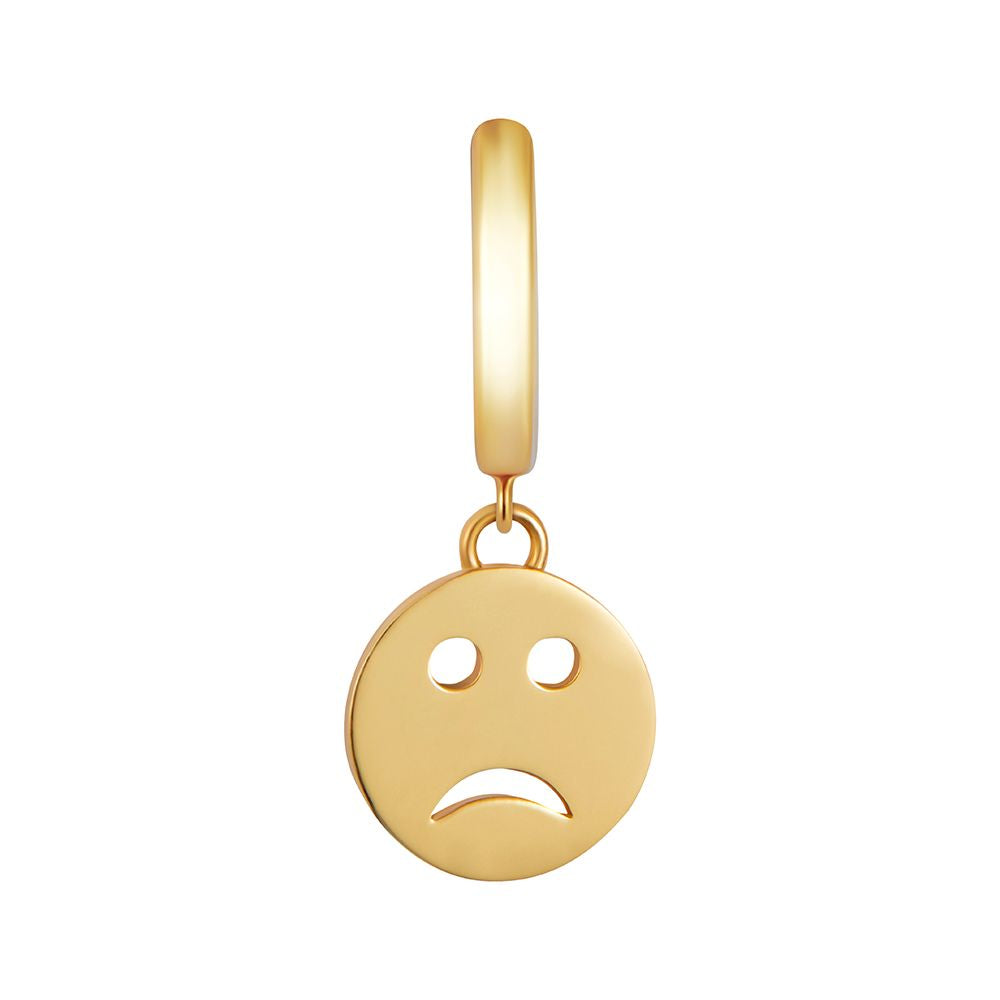 Gold vermeil Toolally huggie earring with a sad face emoji design