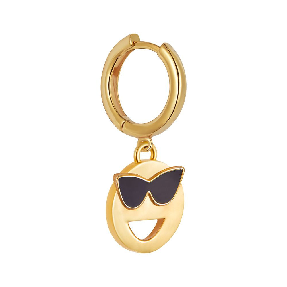 Gold vermeil and enamel Toolally huggie earring with a sunglasses emoji design