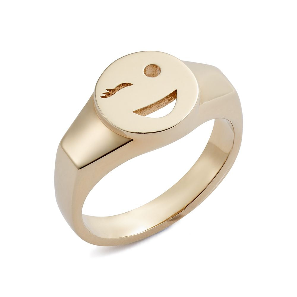 Gold vermeil Toolally signet ring with a wink emoji design