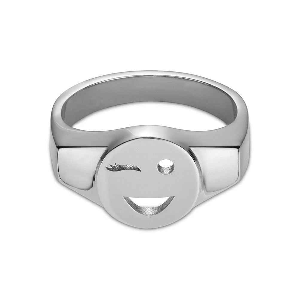 Sterling silver Toolally signet ring with a wink emoji design