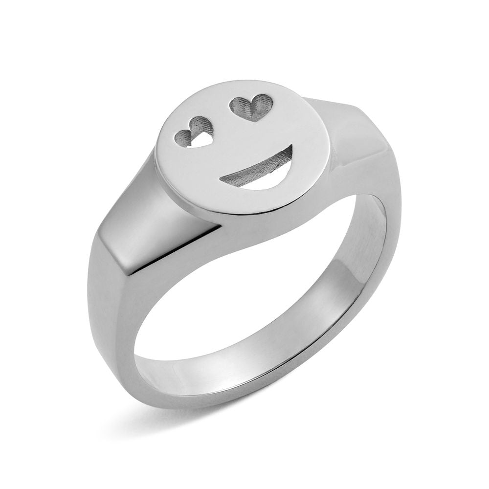 Sterling silver Toolally signet ring with a heart eyes emoji design