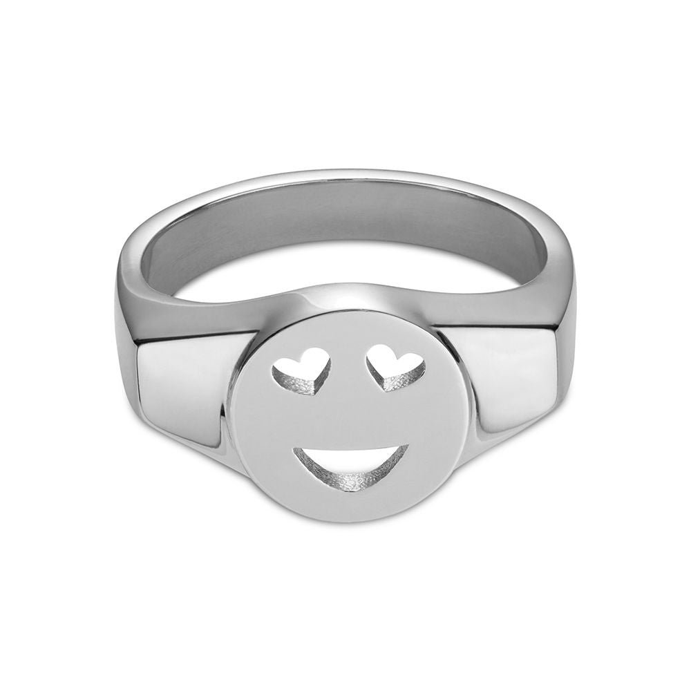 Sterling silver Toolally signet ring with a heart eyes emoji design