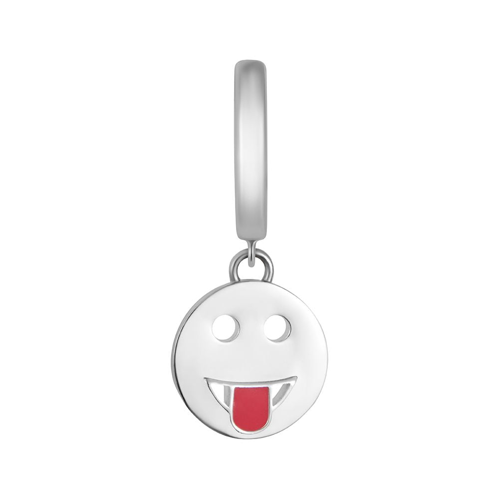 Sterling silver and enamel Toolally huggie earring with a tongue out emoji design