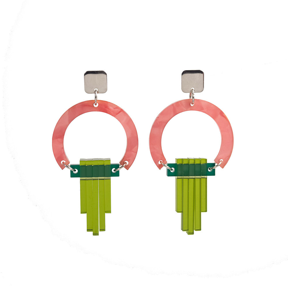 Toolally Earrings Art Deco Chandeliers pink and green