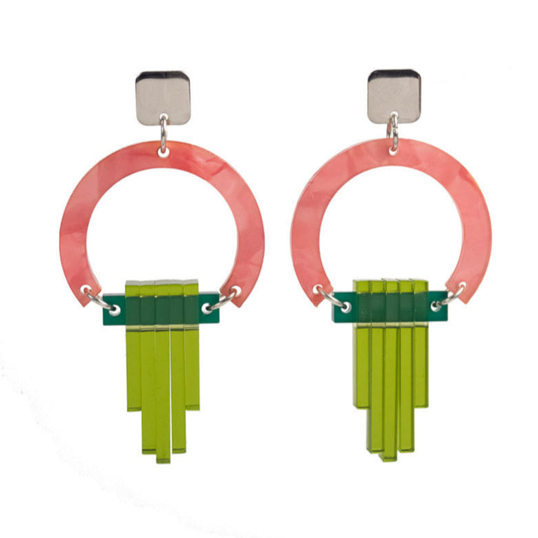 Toolally Earrings Art Deco Chandeliers pink and green