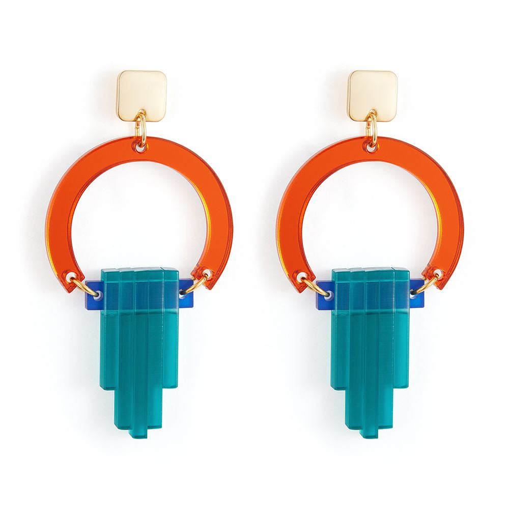 Toolally art deco chandelier drop earrings in blue and orange
