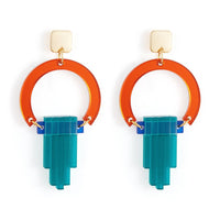 Toolally art deco chandelier drop earrings in blue and orange