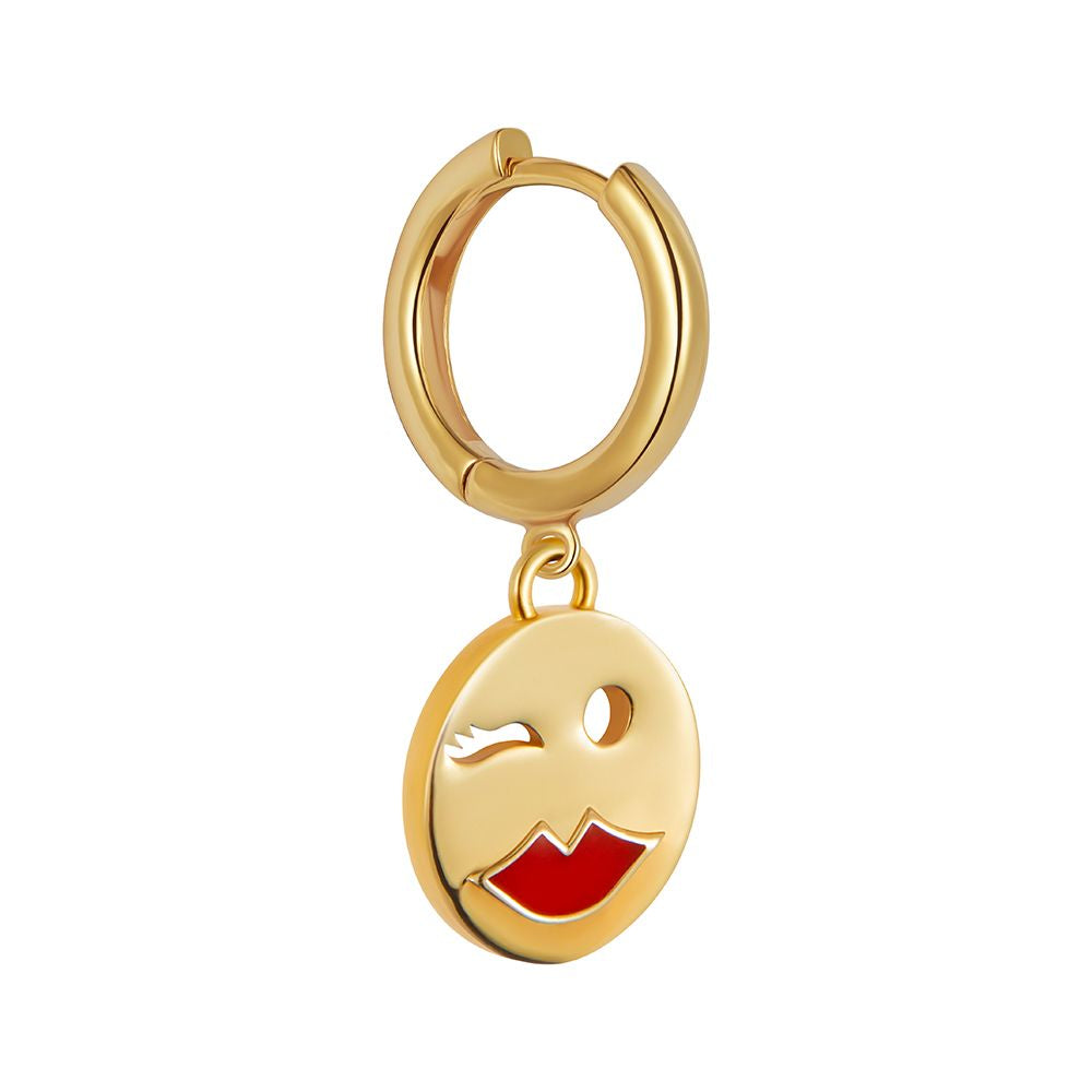 Gold vermeil and enamel Toolally huggie earring with a wink emoji design